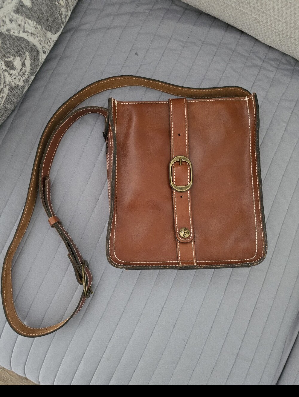 Patricia Nash Tan Leather Crossbody Messenger with Brass Buckle